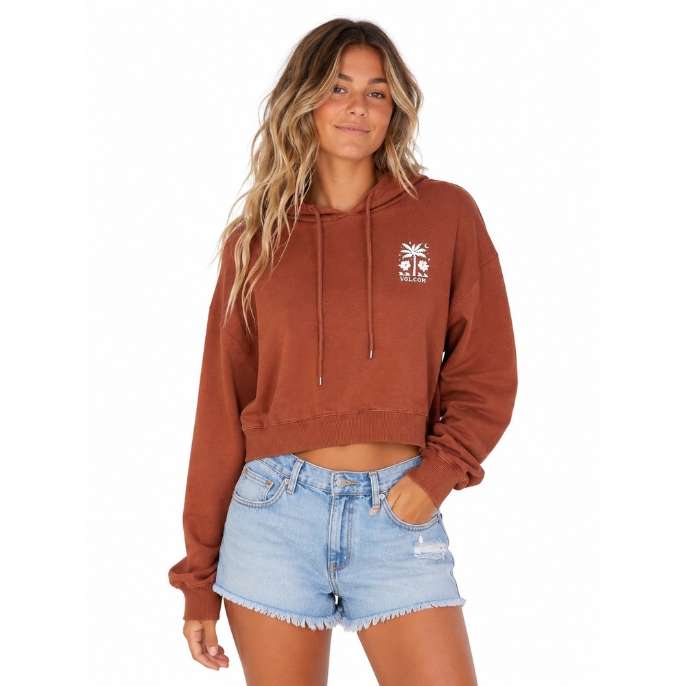 Volcom Rust Tropical Palm Tree Graphic Cropped Hoodie S Surfwear Skater Beachy
